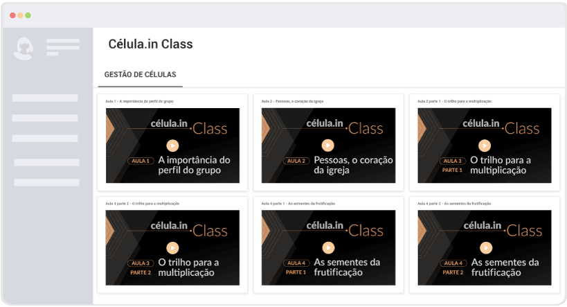 Tela mostrando três aulas do curso de formação de líderes de pequenos grupos: Primeira: Pessoas, o coração da igreja. Segunda: O trilho da multiplicação. Terceira: As sementes da frutificação, Agindo de forma intencional e Multiplicando sua células.