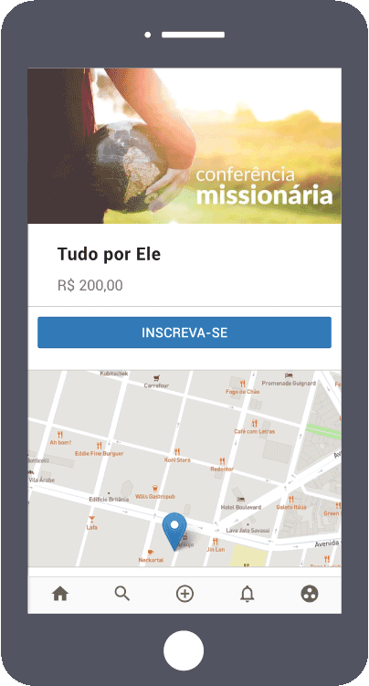 Tela mostrando a página principal de um evento. Mostra informações como: Data e hora, mapa, descrição e o botão de inscrição.